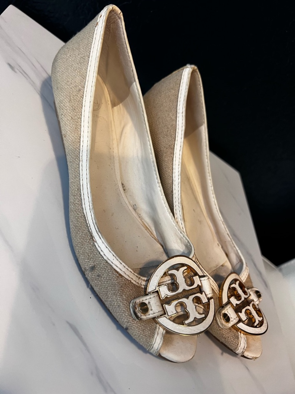 Tory Burch Beige Canvas Logo Peep Toe Flats with Gold Emblem